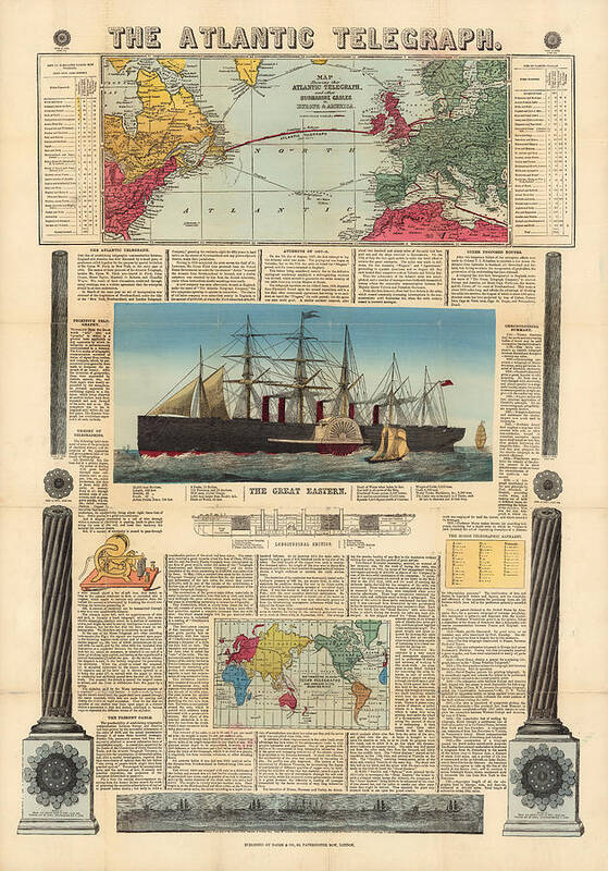 Atlantic Telegraph Art Print featuring the drawing The Atlantic Telegraph - Submarine Cables in Europe and North America - Historic Map by Studio Grafiikka