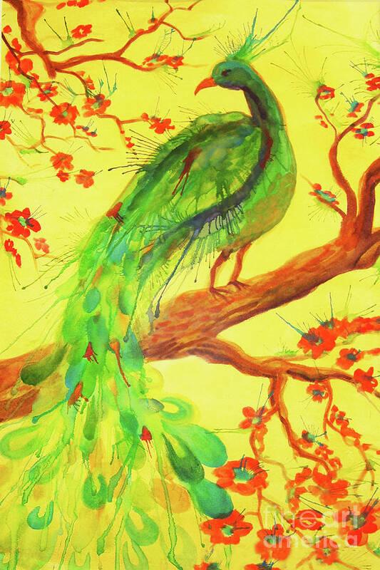 Bird Art Print featuring the painting The Auspicious Peacock by Angelique Bowman