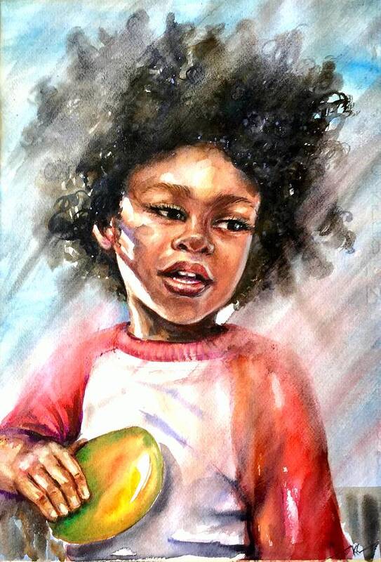 Boy Art Print featuring the painting The boy with a mango by Katerina Kovatcheva