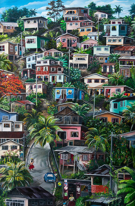  Landscape Painting Cityscape Painting Houses Painting Hill Painting Lavantille Port Of Spain Painting Trinidad And Tobago Painting Caribbean Painting Tropical Painting Caribbean Painting Original Painting Greeting Card Painting Art Print featuring the painting THE HILL   Trinidad by Karin Dawn Kelshall- Best