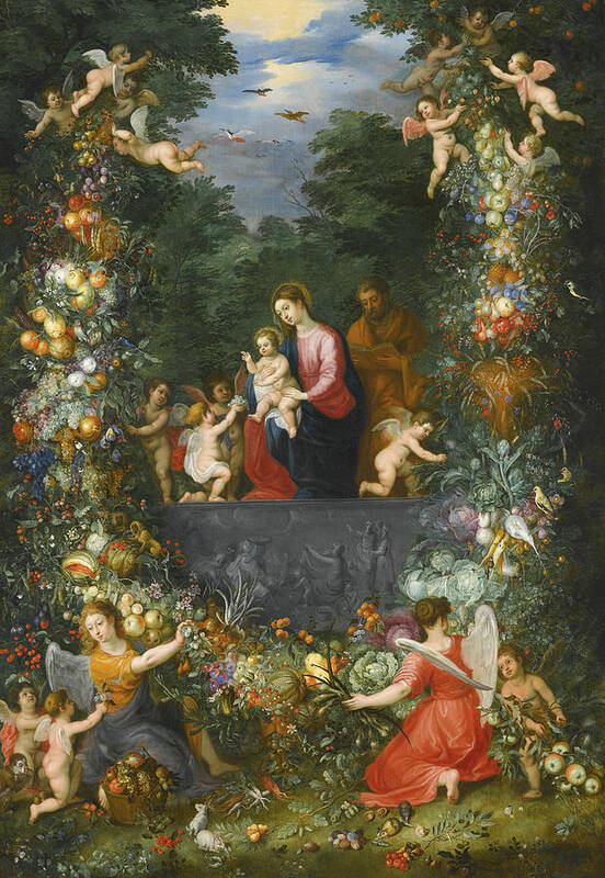 Jan Brueghel The Younger Art Print featuring the painting The Holy Family Within a Garland of Fruit, Flowers and Vegetables Held by Angels by Hendrick van Balen