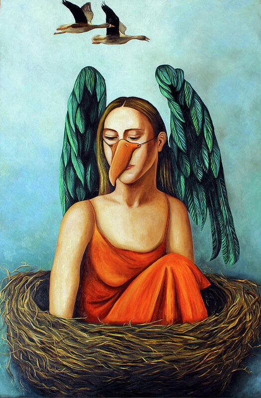 Bird.geese.mask Art Print featuring the painting The Pretender by Leah Saulnier The Painting Maniac