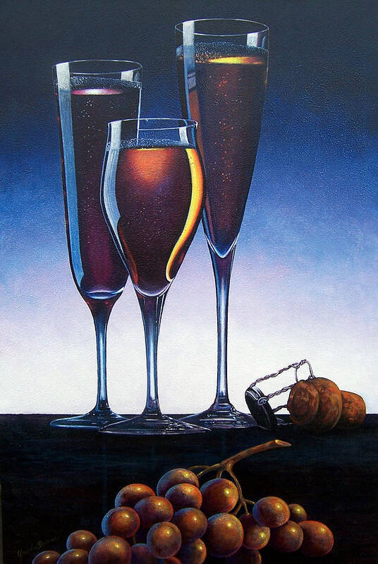 Wine Glasses Champagne Cork Grapes Painting Art Print featuring the painting Three Champagne Glasses by Glenda Stevens