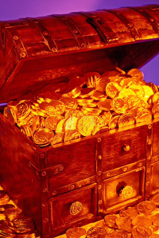 Treasure Chest Gold Coins Pirates Art Print featuring the photograph Treasure chest with gold coins by Garry Gay