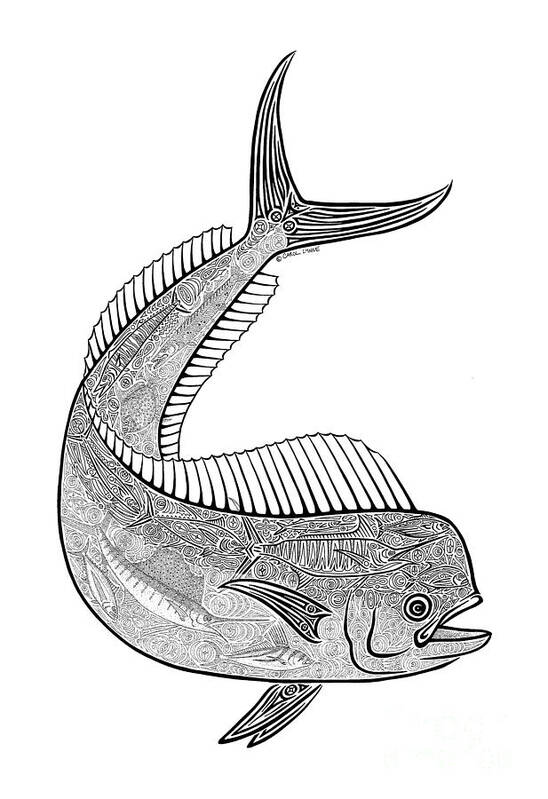Fish Art Print featuring the drawing Tribal Mahi by Carol Lynne