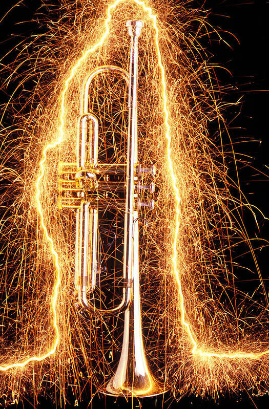 Trumpet Art Print featuring the photograph Trumpet outlined with sparks by Garry Gay