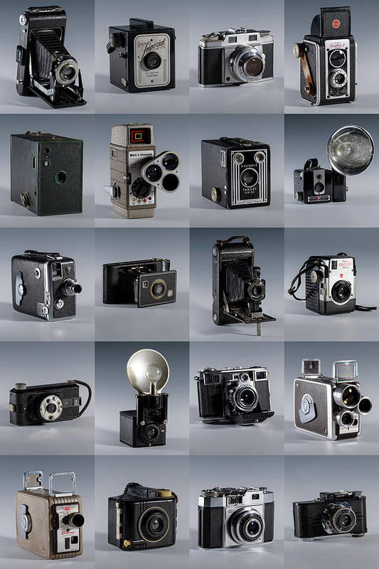 Old Camera Art Print featuring the photograph Twenty Old Cameras - Color by Art Whitton