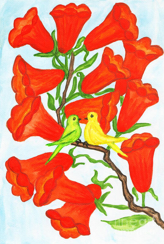 Art Art Print featuring the painting Two birds on branch with flowers Campsis by Irina Afonskaya