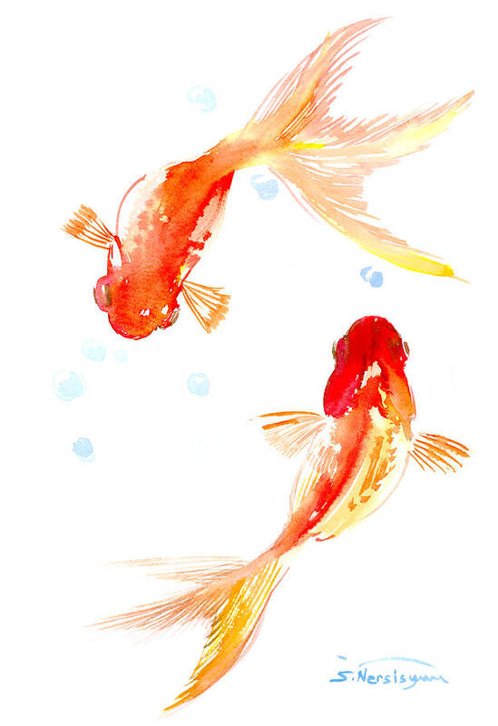 Feng Shui Art Print featuring the painting Two Goldfish Feng Shui by Suren Nersisyan