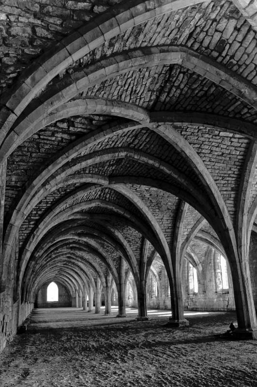 Monochrome Photography Art Print featuring the photograph Under the vaults. Vertical. by Elena Perelman