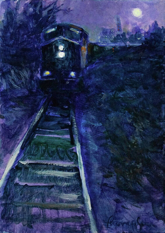 Train Art Print featuring the painting Union Pacific at Night by Tracie Thompson