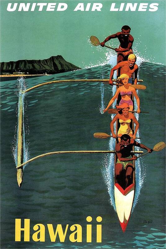 United Art Print featuring the mixed media United Air Lines to Hawaii - Riding With Outrigger - Retro travel Poster - Vintage Poster by Studio Grafiikka