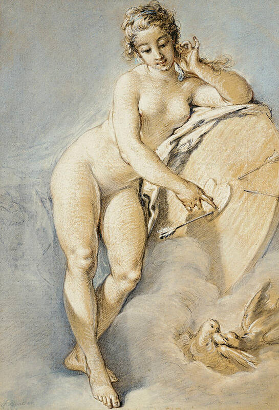 Venus Art Print featuring the drawing Venus standing, gesturing towards a heart on a target with two doves by Francois Boucher