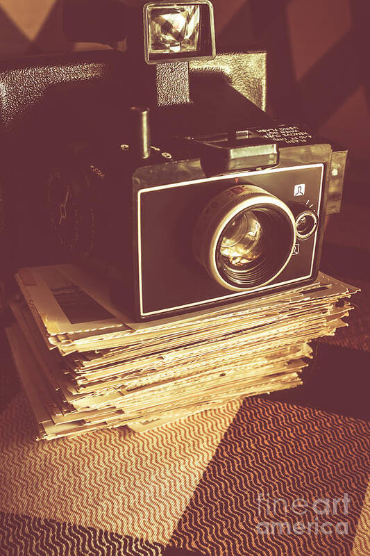 Photographer Art Print featuring the photograph Vintage camera on stack of instant photos by Jorgo Photography