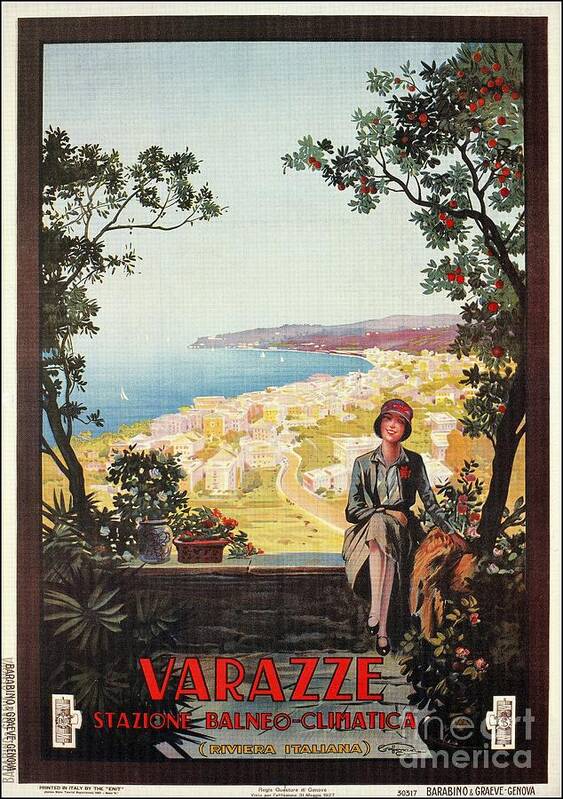 Vintage Art Print featuring the digital art Vintage Italy Italian travel Varazze Riviera by Heidi De Leeuw
