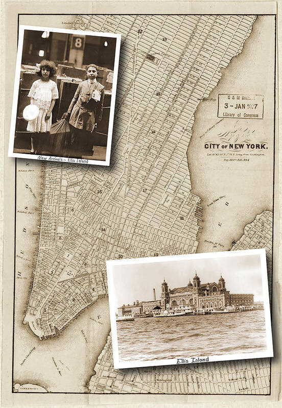 Vintage Map Art Print featuring the photograph Vintage Map Ellis Island Immigrants by Karla Beatty
