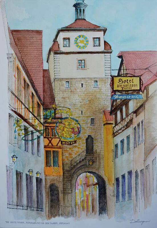 Medieval Art Print featuring the painting WeissenTurm The White Tower Rothenburg ob der Tauber Germany by Dai Wynn