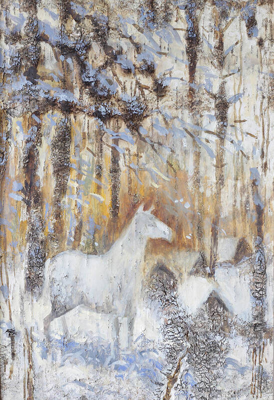 Horse Art Print featuring the painting White Horse in Winter Woods by Ilya Kondrashov