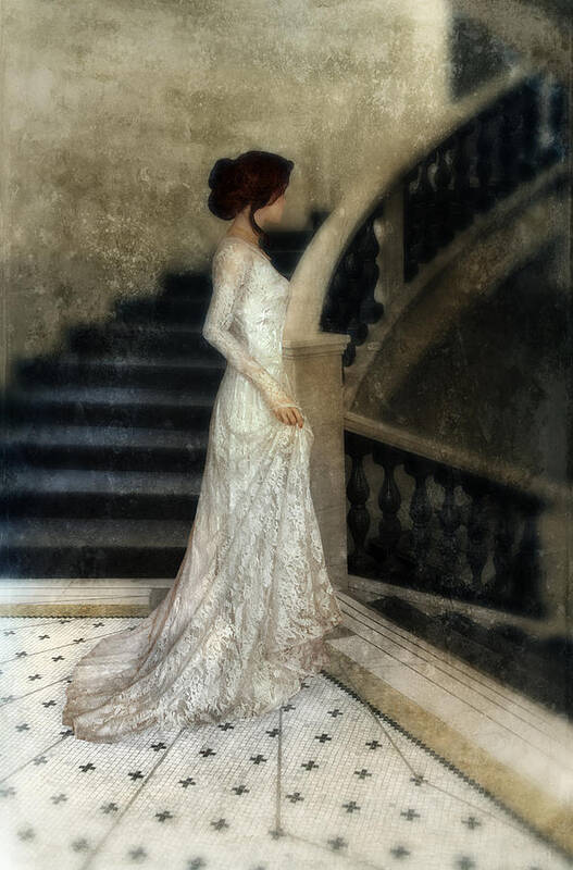 Woman Art Print featuring the photograph Woman in Lace Gown on Staircase by Jill Battaglia