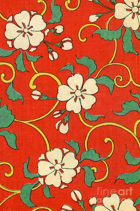 Red Art Print featuring the painting Woodblock Print of Apple Blossoms by Japanese School