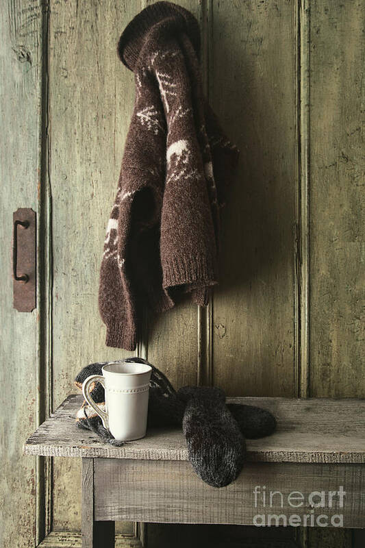 Beverage Art Print featuring the photograph Wool sweater with coffee mug on gray bench by Sandra Cunningham