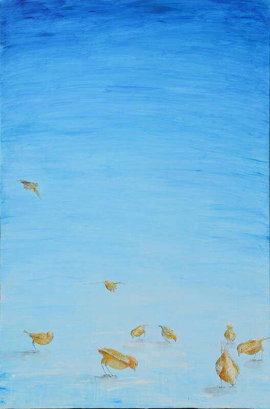 Canaries Art Print featuring the painting Yellow Birds in the Blue2 by Nik Helbig