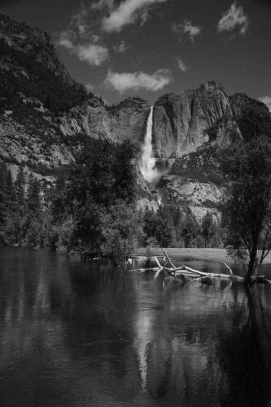 Yosemite Falls From Swinging Bridge Art Print featuring the photograph Yosemite Falls from Swinging Bridge in Black and White by Raymond Salani III