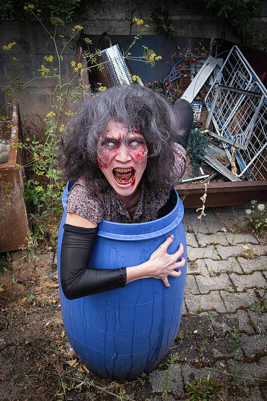 Zombie Art Print featuring the photograph Zombie in barrel by Matthias Hauser