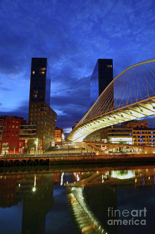 Bilbao Art Print featuring the photograph Zubizuri or Campo Volantin Bridge at Blue Hour Bilbao by James Brunker