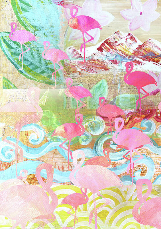 Flamingo Collage Art Print featuring the mixed media Flamingo Collage by Claudia Schoen
