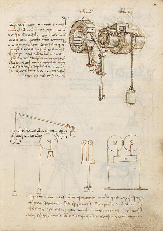 Codex Madrid I Art Print featuring the drawing Folio f 12r. Codex Madrid I -Ms. 8937- 'Treaty of statics and mechanics', 192 folios with 384 pag... #1 by Album