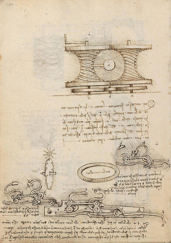 Codex Madrid I Art Print featuring the drawing Folio f 18v. Codex Madrid I -Ms. 8937- 'Treaty of statics and mechanics', 192 folios with 384 pag... #1 by Album