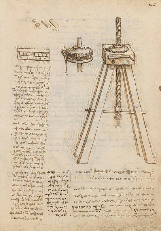 Codex Madrid I Art Print featuring the drawing Folio f 26r. Codex Madrid I -Ms. 8937- 'Treaty of statics and mechanics', 192 folios with 384 pag... #1 by Album