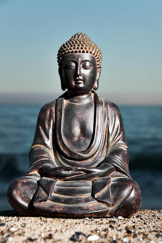 Water's Edge Art Print featuring the photograph Japanese Buddha Statue At Ocean Shore by Wesvandinter