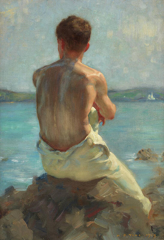 Man Sitting by the Sea Art Print featuring the painting The Lighthouse #1 by Henry Scott Tuke