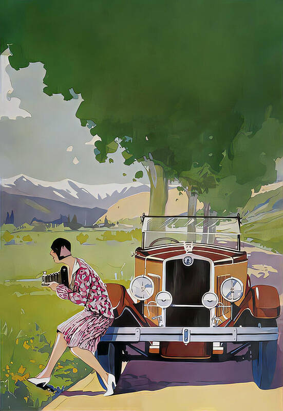 Vintage Art Print featuring the mixed media 1929 Woman Photographer With Touring Car In Country Setting Original French Art Deco Illustration by Retrographs