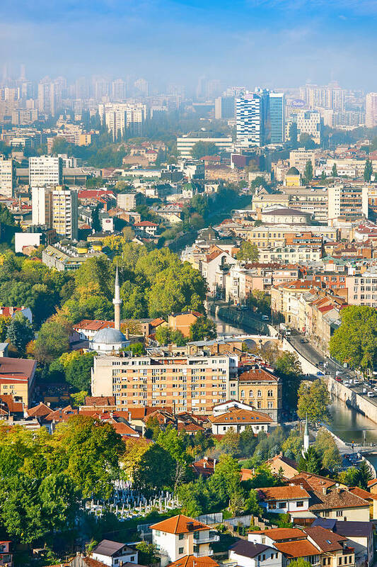 Landscape Art Print featuring the photograph Aerial View Of Sarajevo, Capital City #2 by Jan Wlodarczyk