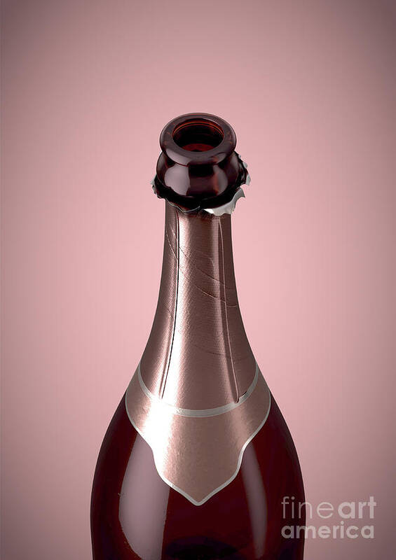 Sparkling Wine Art Print featuring the digital art Pink Champagne Bottle Open Neck #2 by Allan Swart