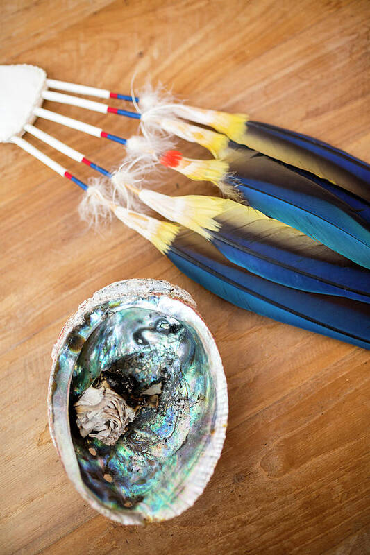 Sage Art Print featuring the photograph Blue Feathers And Burnt Sage Await The Cacao Ceremony Before Wedding by Cavan Images