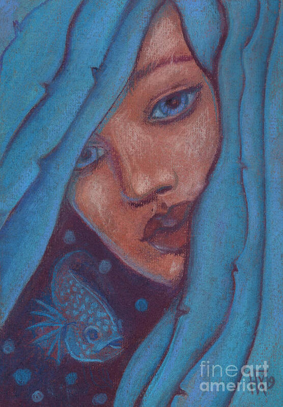 Mermaid  Fantasy Art Art Print featuring the painting Blue Hair, Mermaid Portrait by Julia Khoroshikh