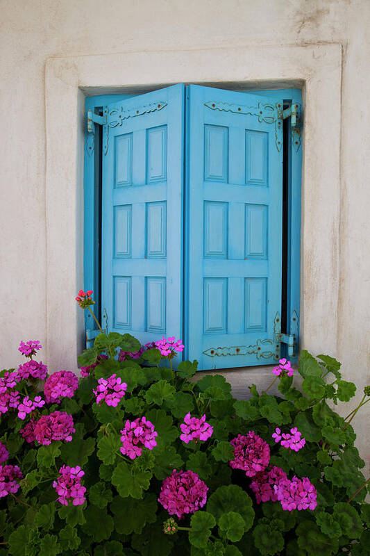 Greece Art Print featuring the photograph Blue Shutters And Geraniums Blooming by Darrell Gulin