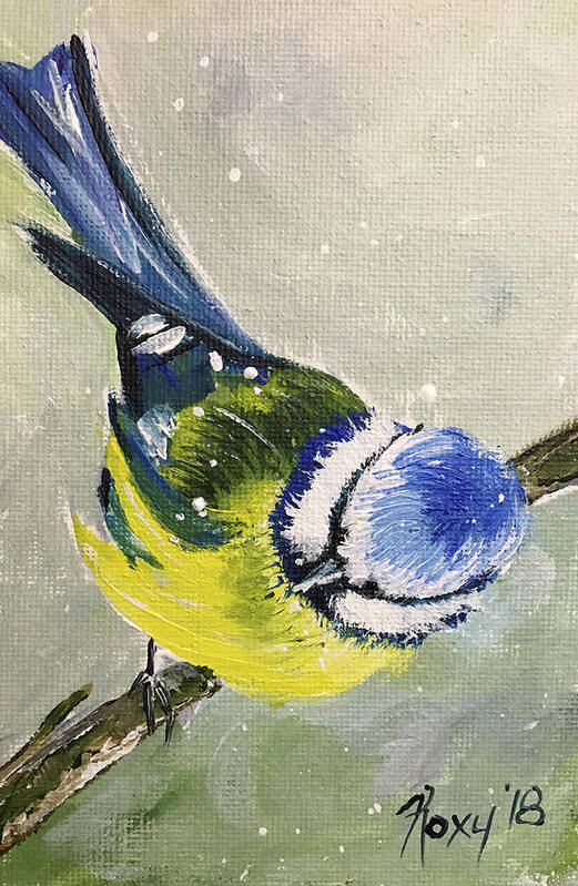 Bird Art Print featuring the painting Blue Tit in Snow by Roxy Rich