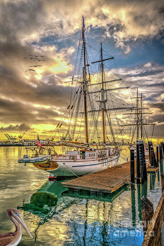Brigantine Tall Ship Wrapping The Sails The San Pedro Harbor Art Print featuring the photograph Brigantine Tall Ship Schooner by David Zanzinger