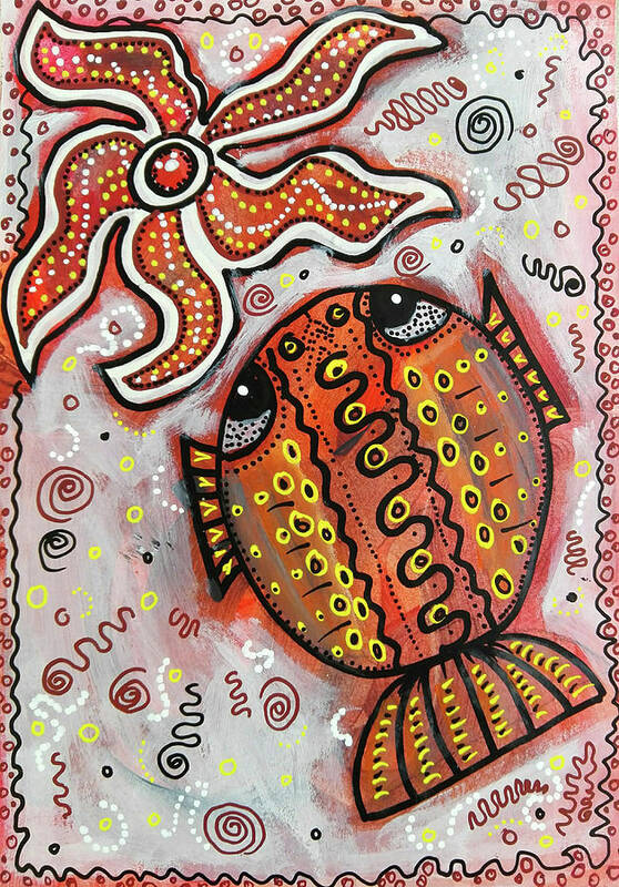 Starfish Art Print featuring the mixed media Brother Fish and Sister Starfish in Deep Conversation by Mimulux Patricia No