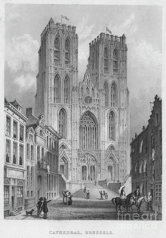 Engraving Art Print featuring the drawing Cathedral, Brussels, 1850 by Print Collector