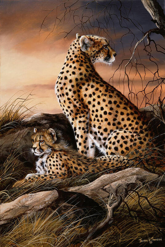 Cheetah Art Print featuring the painting Cheetahs Of Dusk by Trevor V. Swanson