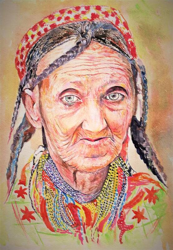 Portrait Art Print featuring the painting Chitral culture Pakistan by Khalid Saeed