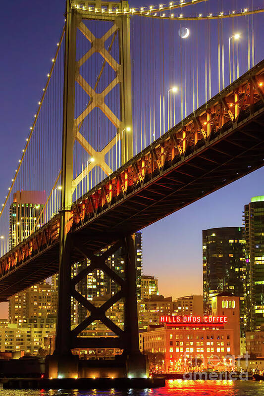 Sfo Art Print featuring the photograph Crescent Moon And Coffee Under The Oakland Bay Bridge by Doug Sturgess