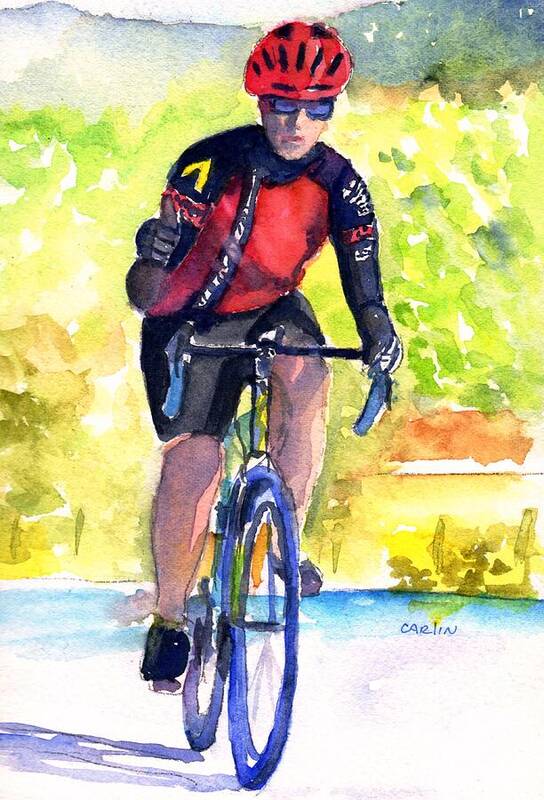 Bicyclist Art Print featuring the painting Cyclist Thumbs-Up Ride by Carlin Blahnik CarlinArtWatercolor