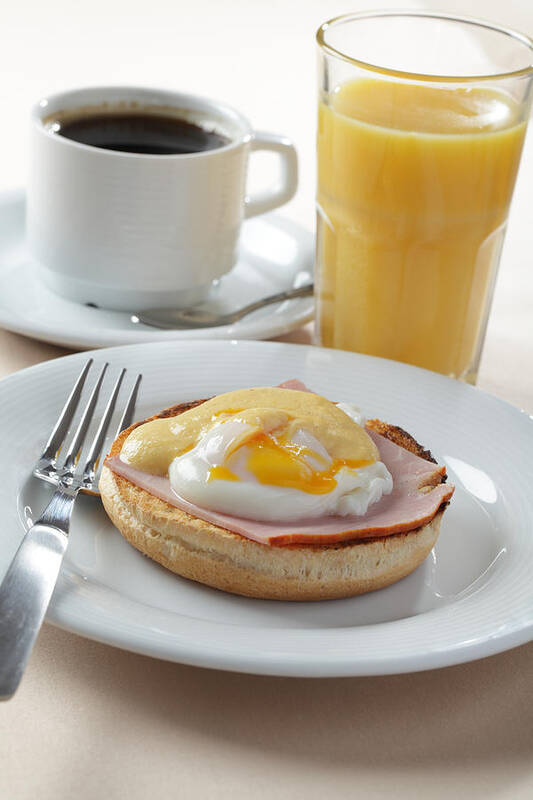 Breakfast Art Print featuring the photograph Egg Benedict With Coffee And Orange by Lilyana Vinogradova